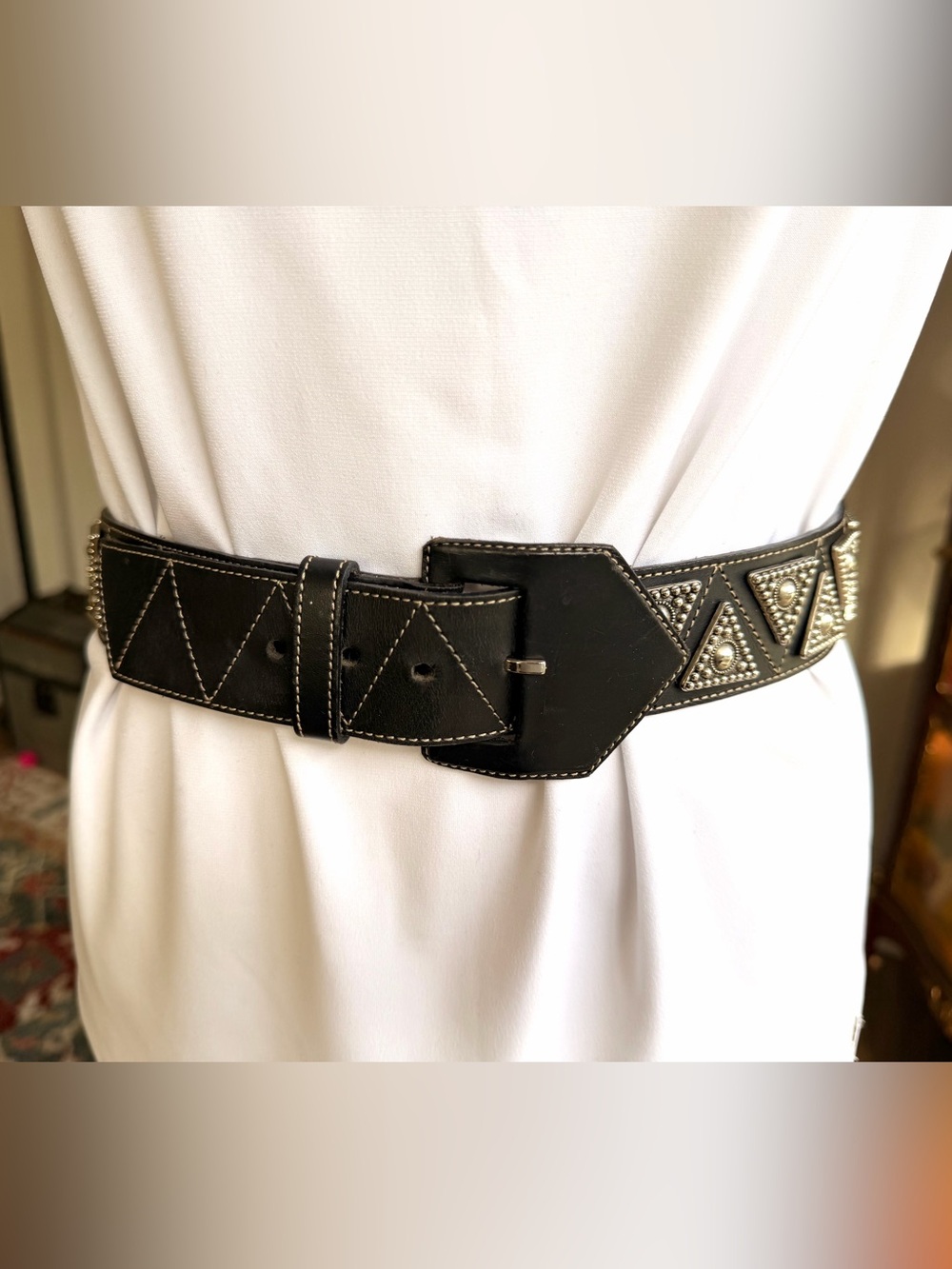 Vintage Vacher Paris Black Leather Studded Belt 32 Made in France